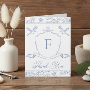 Elegant Blue Chinoiserie Bird & Crest Wedding Than Letterpress Thank You Card