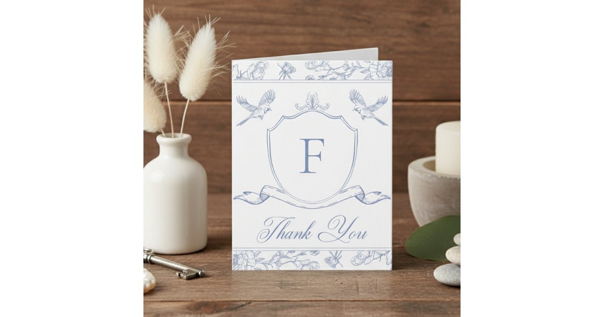 Elegant Blue Chinoiserie Bird & Crest Wedding Than Thank You Card | Zazzle