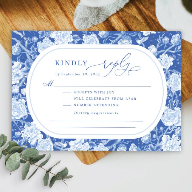 Elegant Blue Chinoiserie Bird Peony Wedding RSVP Card (Creator Uploaded)