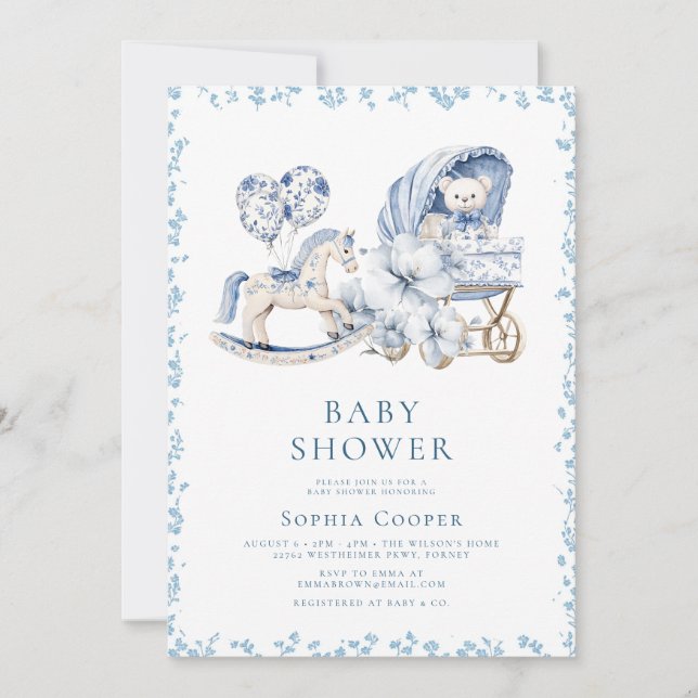 Elegant Blue Chinoiserie Boy Baby Shower Invitation (Front)