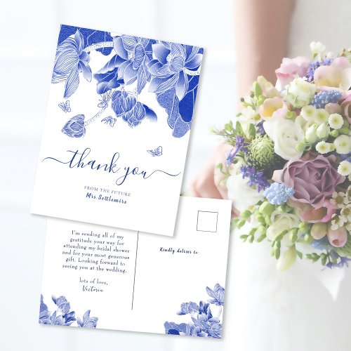 Elegant Blue Chinoiserie Bridal Shower Thank You Postcard