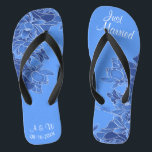 Elegant Blue Chinoiserie Chic Wedding Just Married Flip Flops<br><div class="desc">Featuring a chinoiserie illustration of floral pattern on the blue background, and wedding words typography, these elegant flip flops are a pretty something blue idea for your wedding. They will add a stylish dose of glam to your wedding day, bachelorette party, or other celebration. ♥Customize it with your wording by using the template...</div>