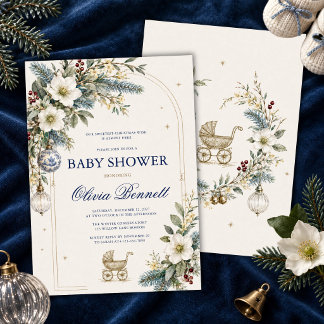 Elegant Blue Chinoiserie Christmas Baby Shower Invitation