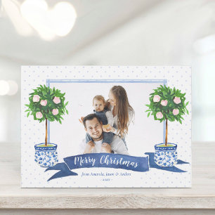Elegant Blue Chinoiserie Christmas Tree Photo Hol Holiday Card