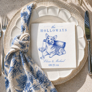 Elegant Blue Chinoiserie Corgi Wedding Napkins