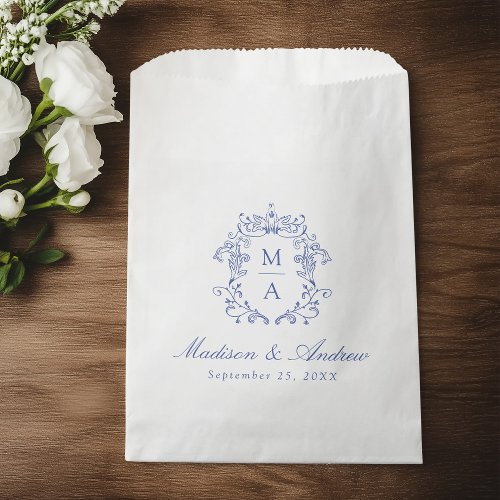 Elegant Blue Chinoiserie Crest Monogram Wedding Favor Bag