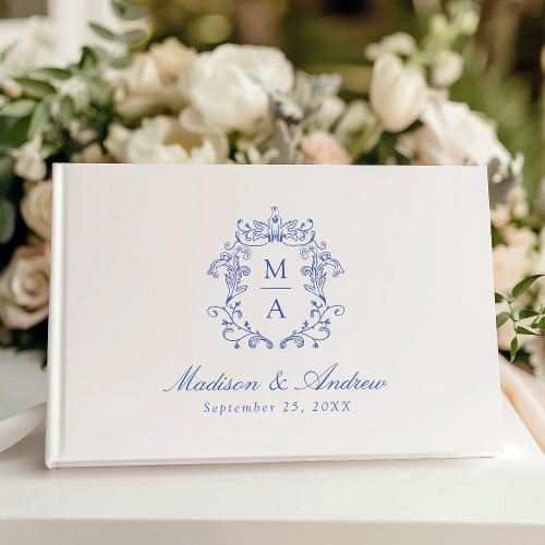 Elegant Blue Chinoiserie Crest Monogram Wedding Guest Book