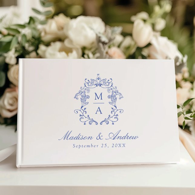 Elegant Blue Chinoiserie Crest Monogram Wedding Guest Book (Creator Uploaded)