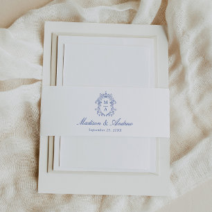 Elegant Blue Chinoiserie Crest Monogram Wedding Invitation Belly Band