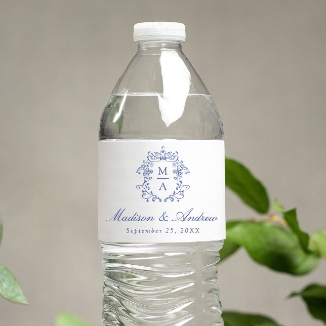 Elegant Blue Chinoiserie Crest Monogram Wedding Water Bottle Label (Creator Uploaded)