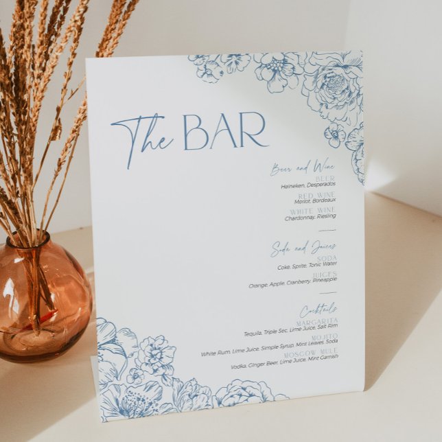 Elegant Blue Chinoiserie Floral Bar Menu Cocktail Pedestal Sign (Elegant blue chinoiserie bar menu sign with floral toile de jouy pattern)