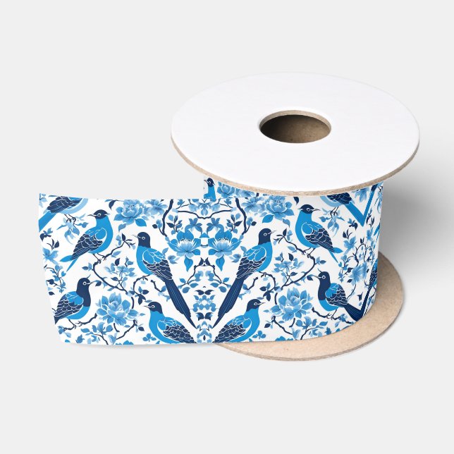 Elegant Blue Chinoiserie Floral bird bridal shower Satin Ribbon (Spool)