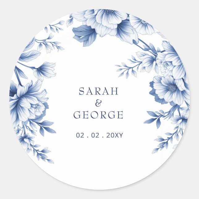 Elegant Blue Chinoiserie Floral Botanical Wedding Classic Round Sticker (Front)