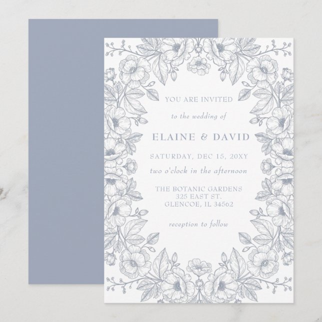 Elegant Blue Chinoiserie Floral Botanical Wedding Invitation (Front/Back)