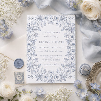 Elegant Blue Chinoiserie Floral Botanical Wedding Invitation