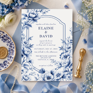 Elegant Blue Chinoiserie Floral Botanical Wedding Invitation