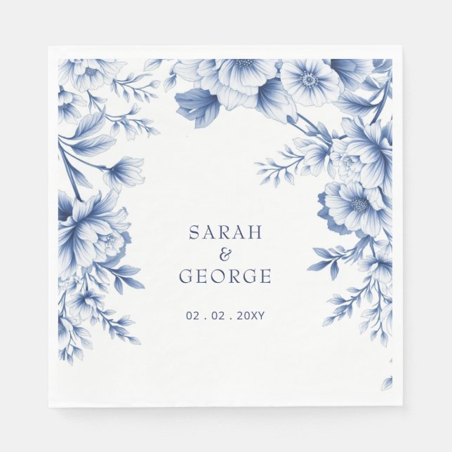 Elegant Blue Chinoiserie Floral Botanical Wedding Napkins (Front)
