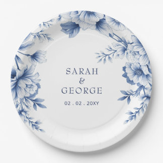 Elegant Blue Chinoiserie Floral Botanical Wedding Paper Plates