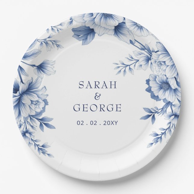 Elegant Blue Chinoiserie Floral Botanical Wedding Paper Plates (Front)