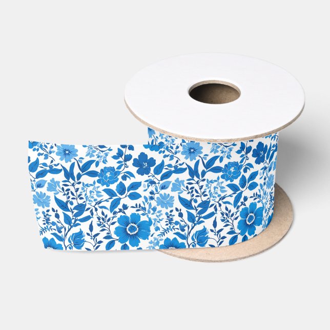 Elegant Blue Chinoiserie Floral bridal shower Satin Ribbon (Spool)