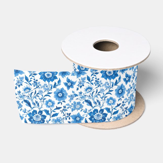 Elegant Blue Chinoiserie Floral bridal shower Satin Ribbon (Spool)