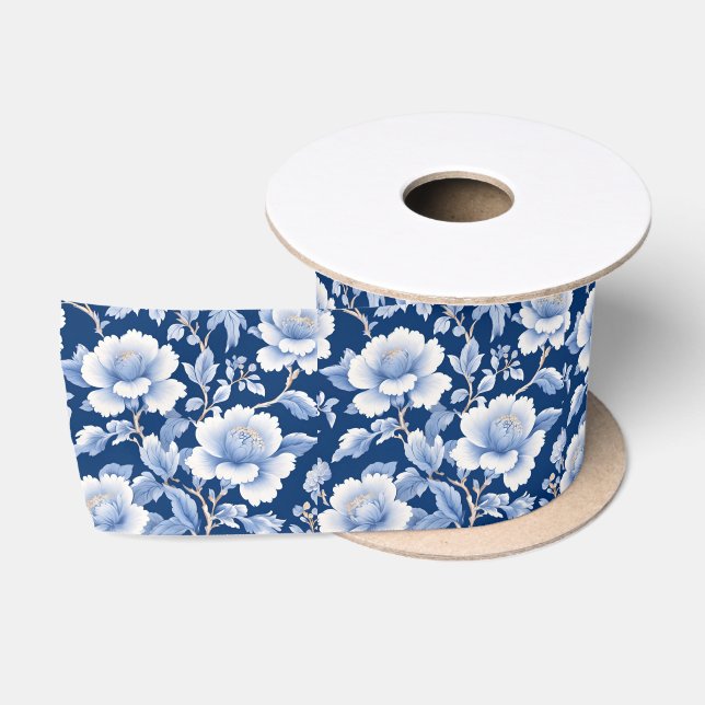 Elegant Blue Chinoiserie Floral bridal shower Satin Ribbon (Spool)