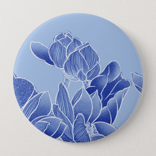 Elegant Blue Chinoiserie Floral Lotus Mandala  Button