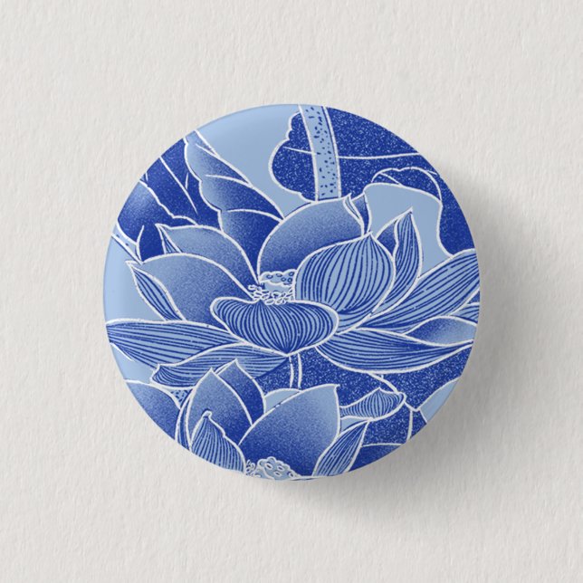 Elegant Blue Chinoiserie Floral Lotus Mandala  Button (Front)
