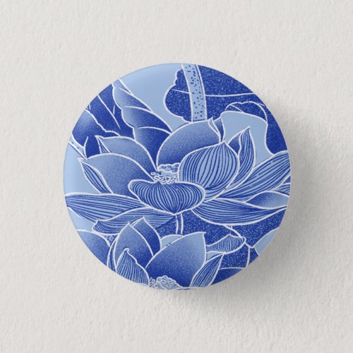 Elegant Blue Chinoiserie Floral Lotus Mandala  Button