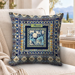 Elegant Blue Chinoiserie Floral Monogram Throw Pillow