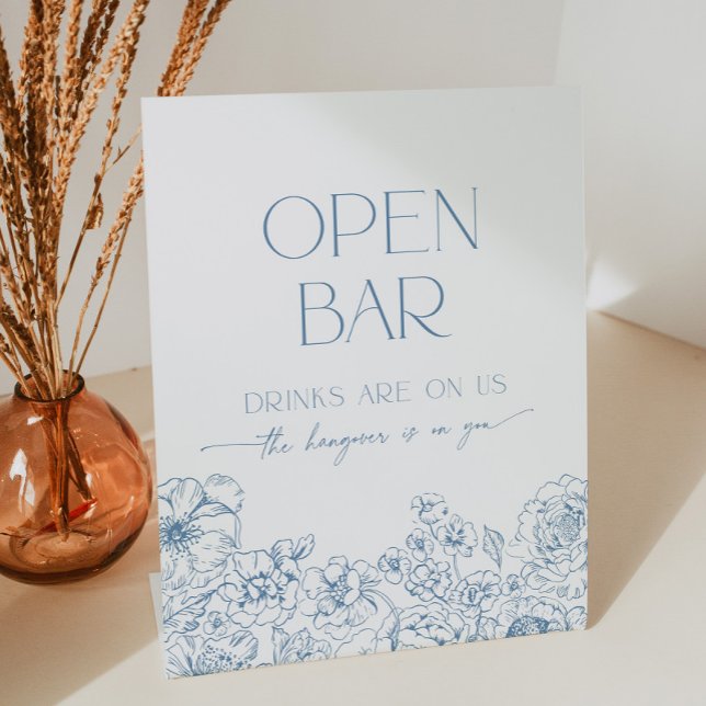Elegant Blue Chinoiserie Floral Open Bar Cocktail Pedestal Sign (Open bar - drinks are on us, the hangover is on you sign with elegant navy blue floral chinoiserie)