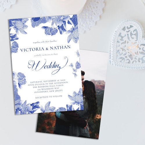 Elegant Blue Chinoiserie Floral Photo Wedding  Invitation