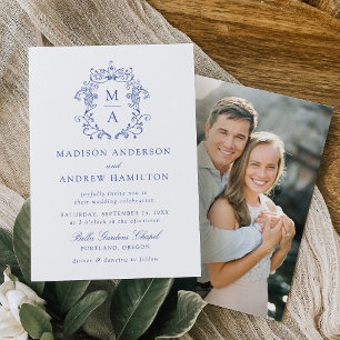 Elegant Blue Chinoiserie Floral Photo Wedding Invitation
