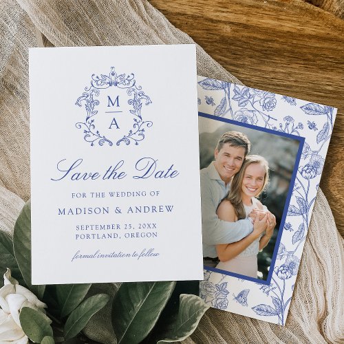 Elegant Blue Chinoiserie Floral Photo Wedding Save The Date