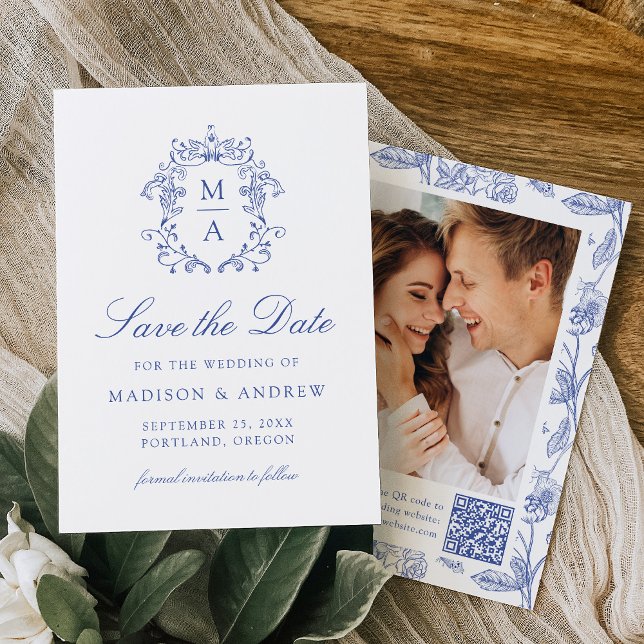 Elegant Blue Chinoiserie Floral QR Code Wedding Save The Date (Creator Uploaded)