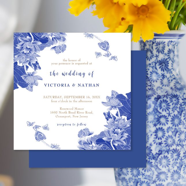 Elegant Blue Chinoiserie Floral Square Wedding  Invitation (Creator Uploaded)