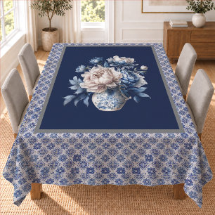 Elegant Blue Chinoiserie Floral Vase Monogram Tablecloth