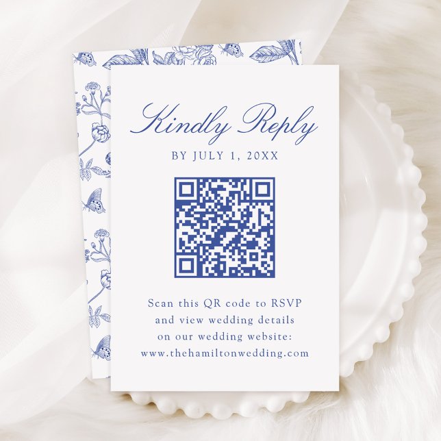Elegant Blue Chinoiserie Floral Wedding QR Code RSVP Card (Creator Uploaded)