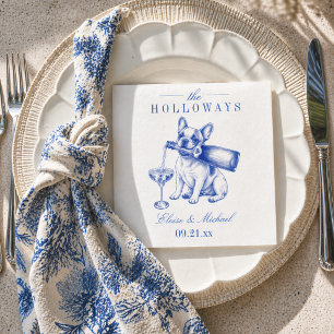 Elegant Blue Chinoiserie French Bulldog Wedding Napkins
