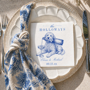 Elegant Blue Chinoiserie Golden Doodle Wedding Napkins