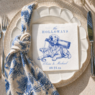 Elegant Blue Chinoiserie Golden Retriever Wedding Napkins