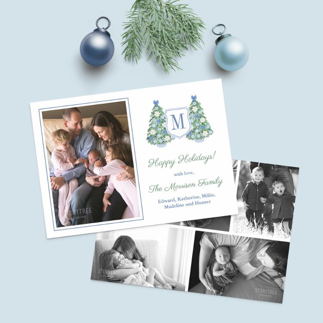 Elegant Blue Chinoiserie Merry Christmas 6 Photo Holiday Card (Blue White Green Chinoiserie Chic Multiple Photos Christmas Card Design)