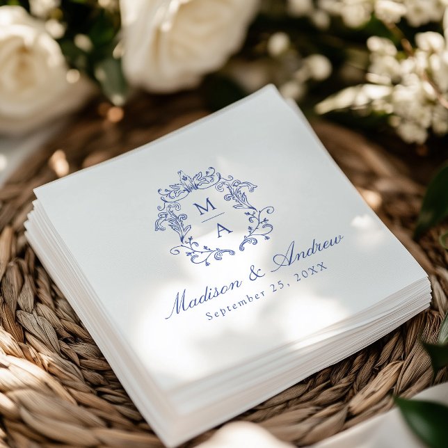 Elegant Blue Chinoiserie Monogram Crest Wedding Napkins (Creator Uploaded)