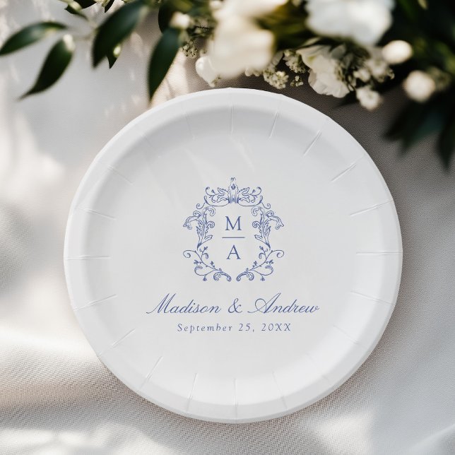 Elegant Blue Chinoiserie Monogram Crest Wedding Paper Plates (Creator Uploaded)