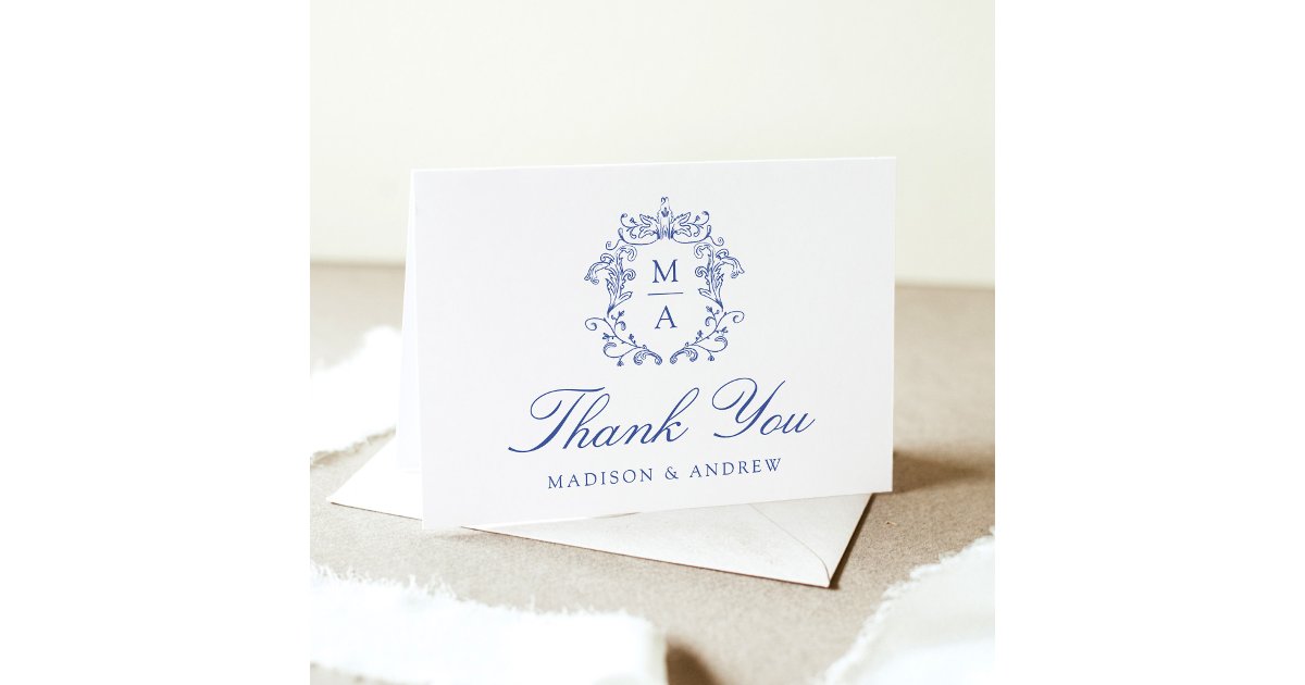Elegant Blue Chinoiserie Monogram Crest Wedding Thank You Card | Zazzle
