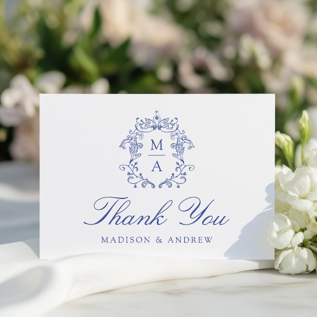 Elegant Blue Chinoiserie Monogram Crest Wedding Thank You Card (Creator Uploaded)