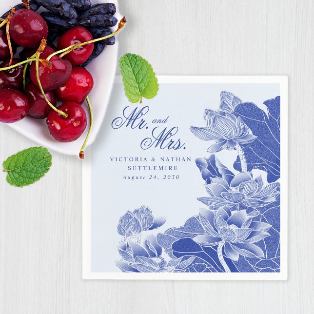 Elegant Blue Chinoiserie Mr. & Mrs. Floral Wedding Napkins (Creator Uploaded)