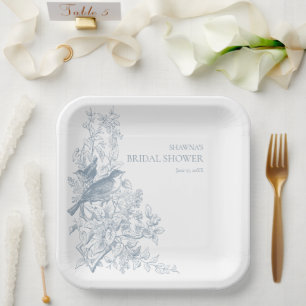 Elegant Blue Chinoiserie Nature Bird Bridal Shower Paper Plates