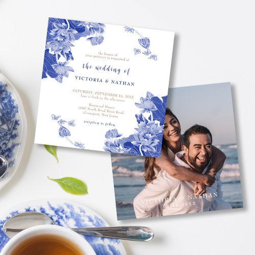 Elegant Blue Chinoiserie Photo Square Wedding  Invitation