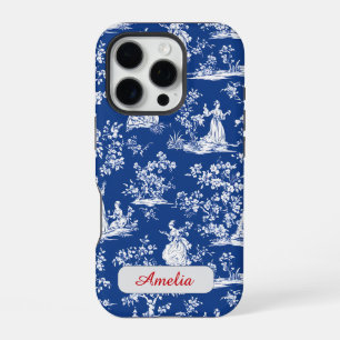 Elegant Blue Chinoiserie Toile Floral Monogram iPhone 16 Pro Case